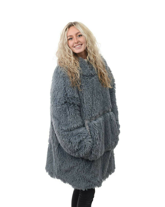 Shaggy Oversized Yeti Style Cosy Reversible Sherpa Hoodie Unisex  - Grey