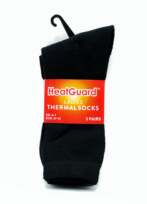 Heat Guard Ladies Plain Thermal Socks, Black, Size UK 4-7, 3 Pack